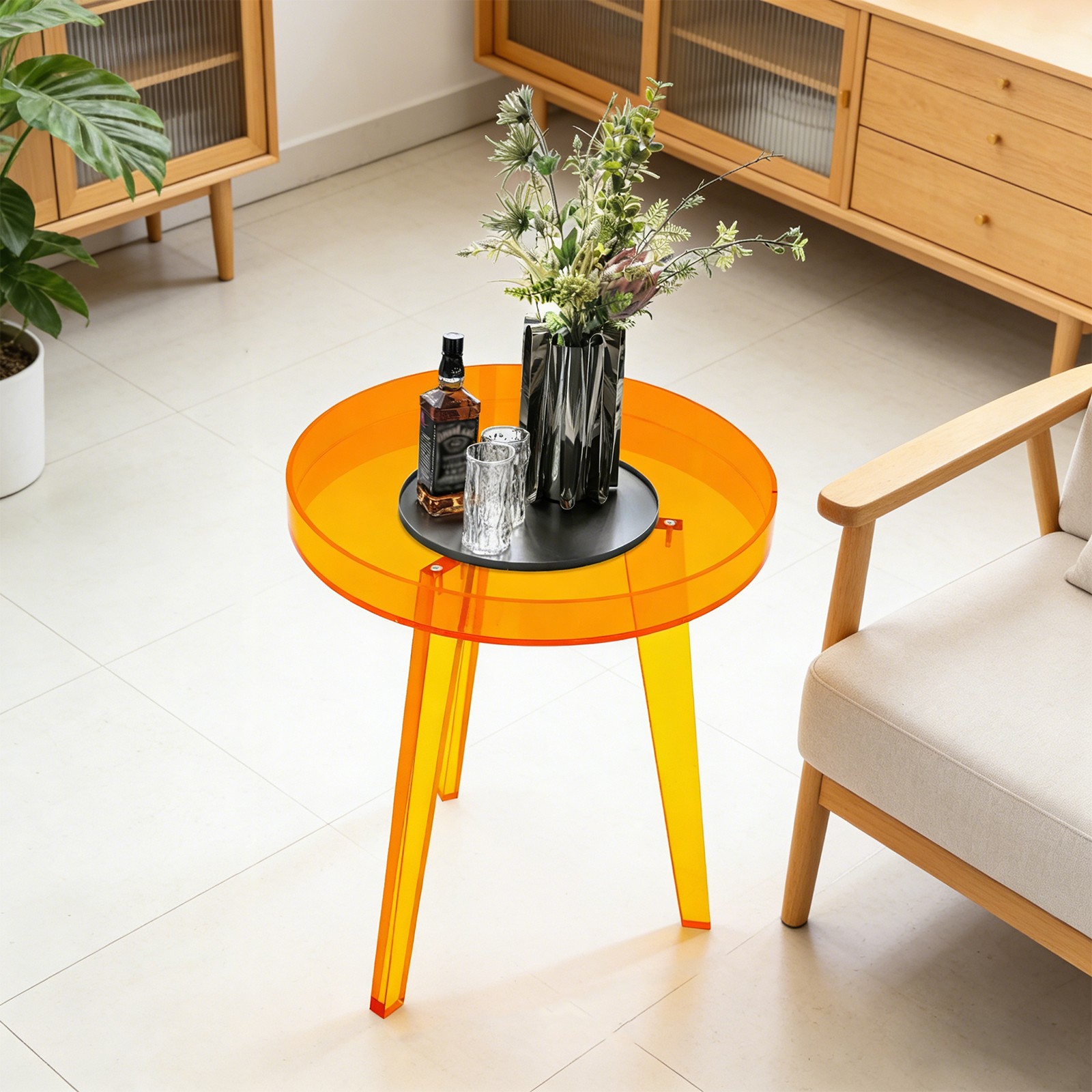 Orange Acrylic Side Table Side Table, End Table for Living Room, Bedroom