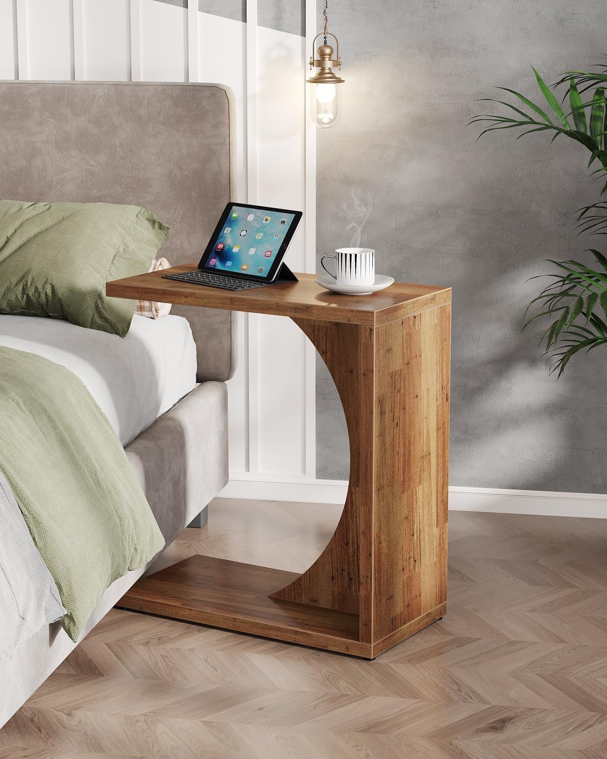 C-Shaped End Table, Wooden Sofa Side Table for Small Space, Living Room, Bedroom