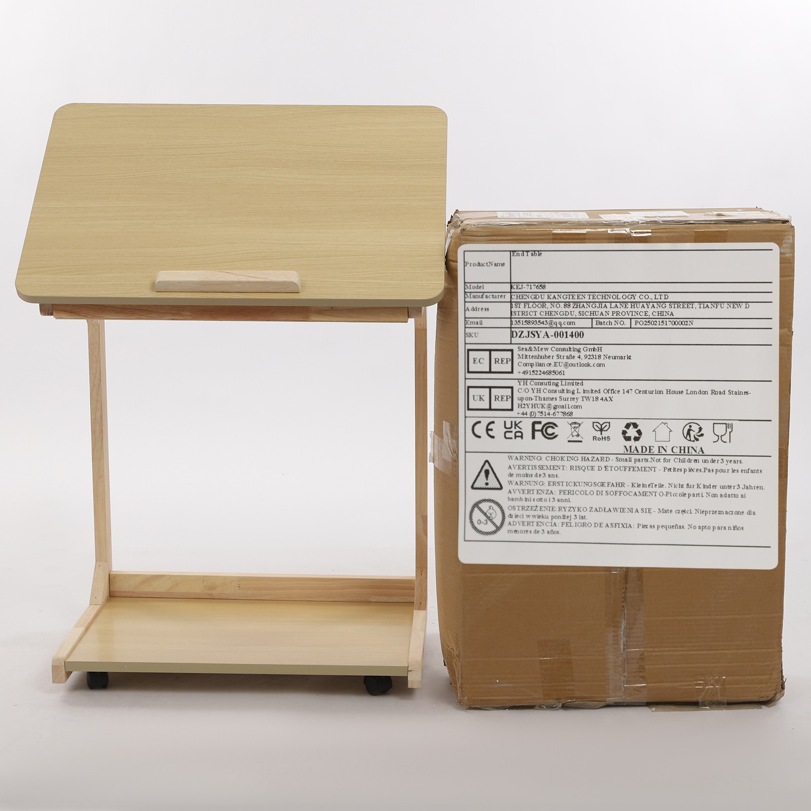 C Shaped End Table 23.62*15.75*24.8in Sofa Table Adjustable Tilt Angle W/ Wheels