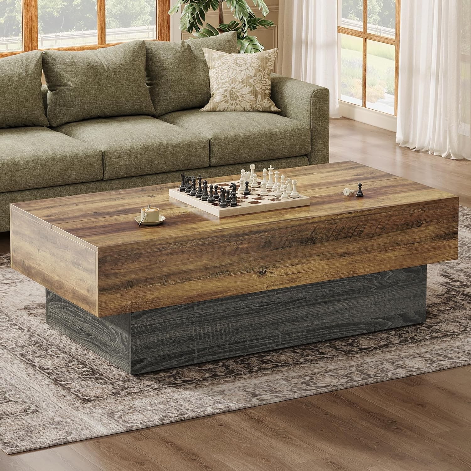 55-Inch Farmhouse Wood Coffee Table, Large Rectangle Tea Table for Living Room