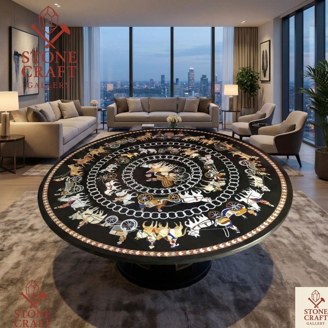 Marble Table Top 48″ inlay Pietra Dura marquetry handmade unique decor table