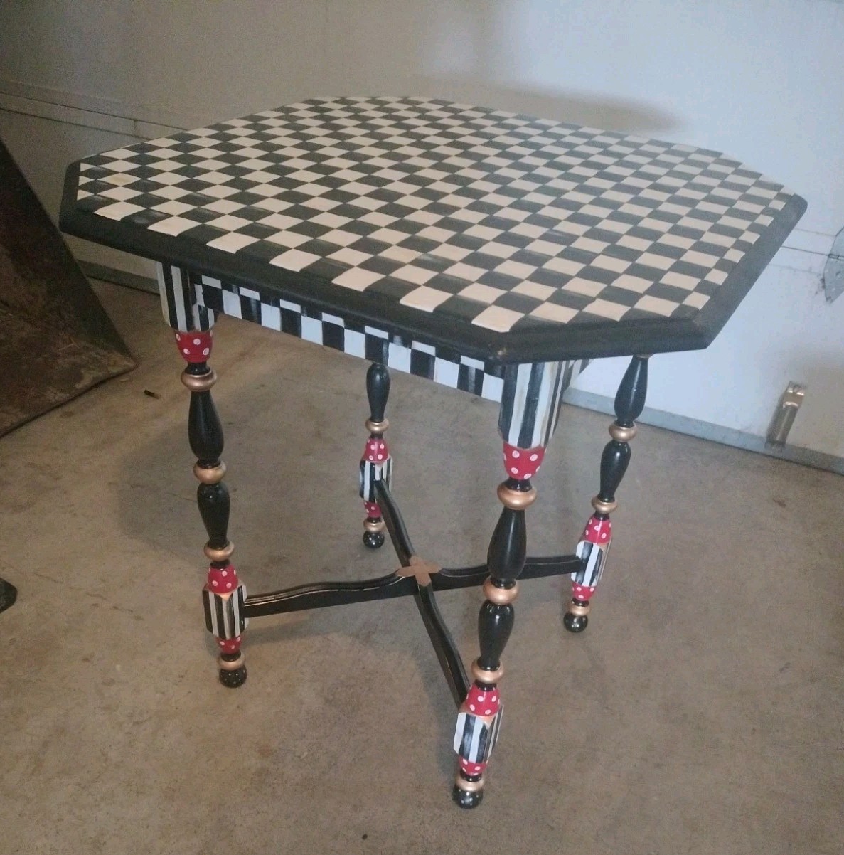 Whimsical Black & White Checked Side Table 28x28x30″ Gold Red Hand Painted By Me