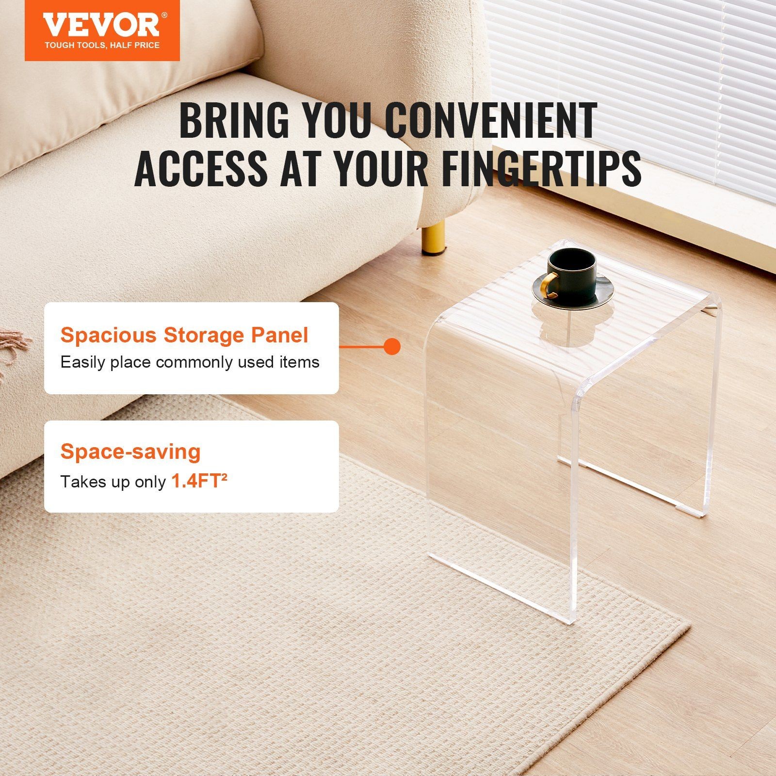 No-assembly U-shape acrylic end table 6.3x12x18.1in 18mm 55lb capacity