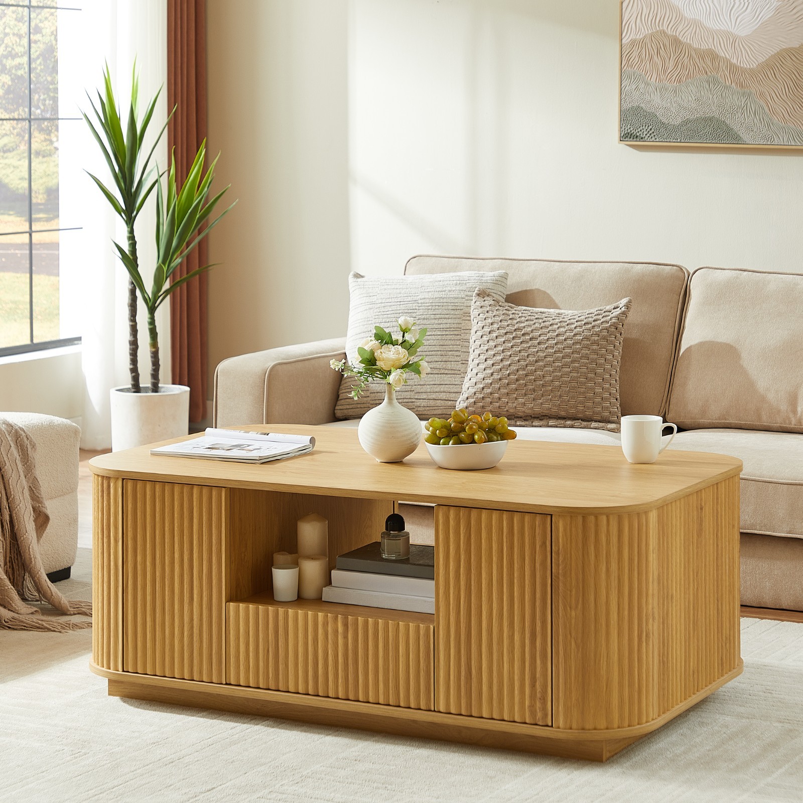 Modern Oval Coffee Table Center Table With Storage Drawers Doors For Living Room