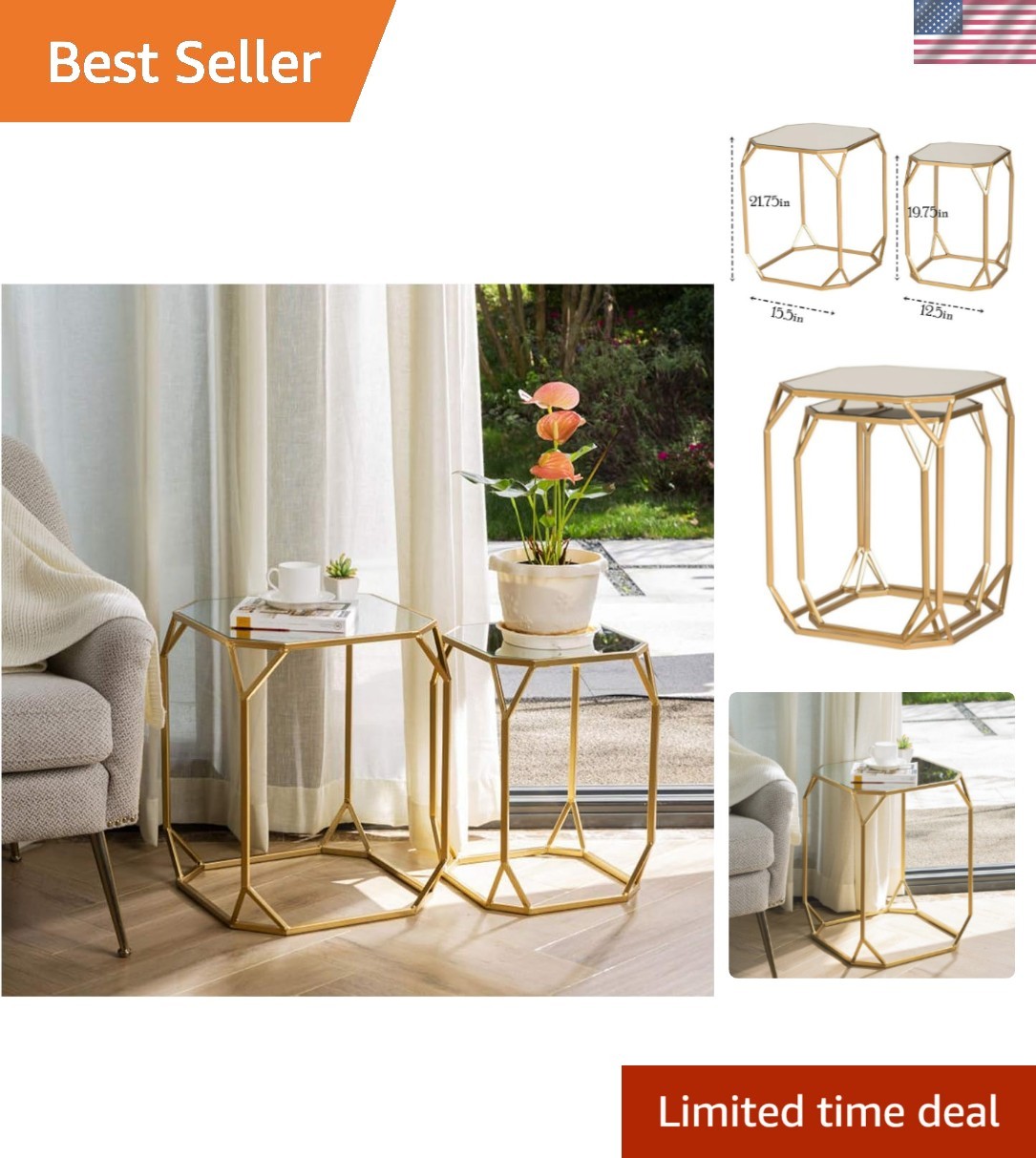 Modern Nesting Tables, Set of 2 Coffee Table with Tempered Glass Top, Side/En…