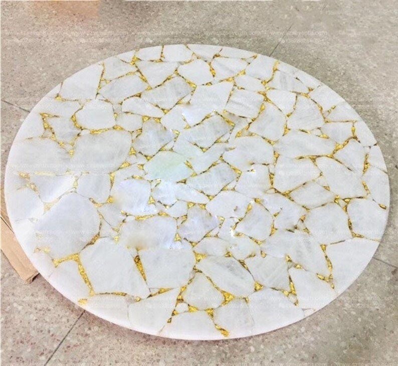 White Agate Coffee Table Top Mosaic Stone Art Handmade Decorative Furniture 30″