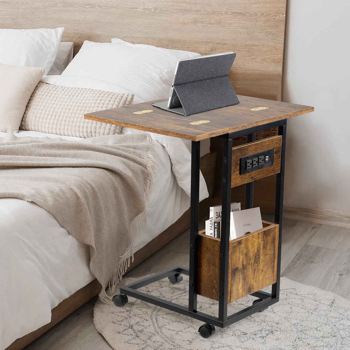 C Shaped End Table with Charging Station & Foldable Tabletop, Folding TV Tray…
