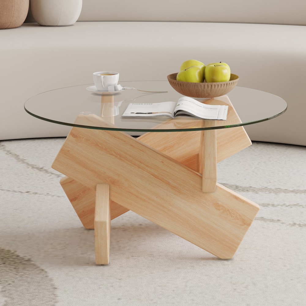 33.4″ Round Tempered Glass Coffee Table w/ Wood MDF Legs for Farmhouse