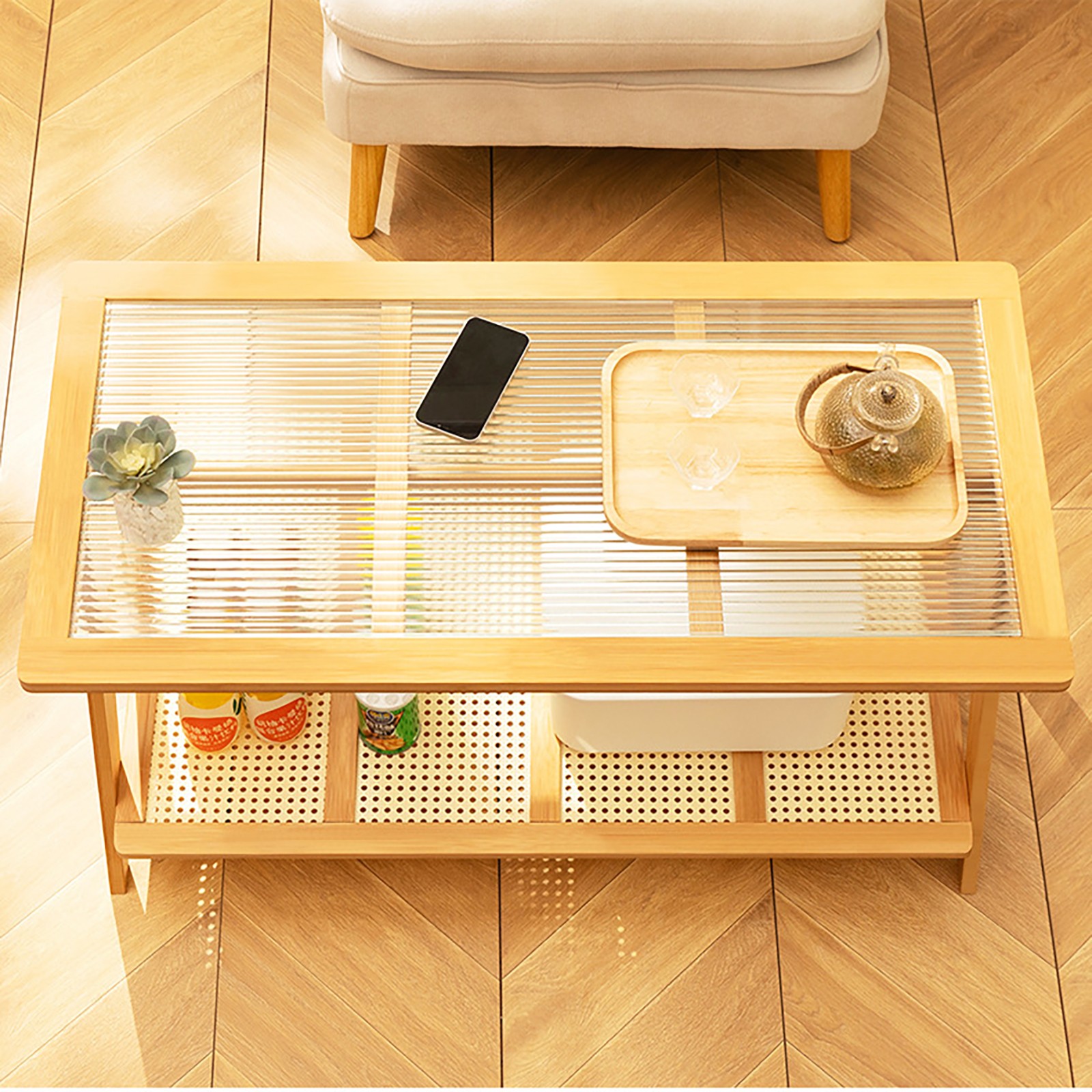 Living Room Coffee Table Glass Tabletop Modern Side Table with Lower Shelf Home