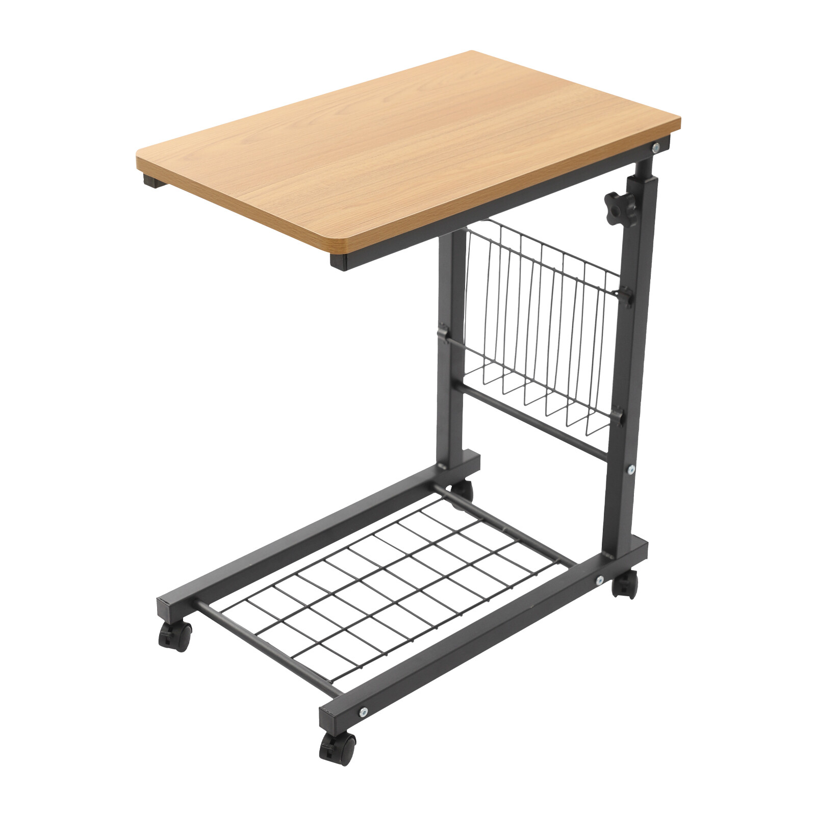 2 Tiers Adjustable Bed Side Table Teak Color Mobile Standalone Table w/ Wheels