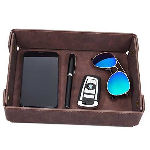 Faux Leather Valet Tray Organizer for Men – Catch-All Rectangle Coffee Brown