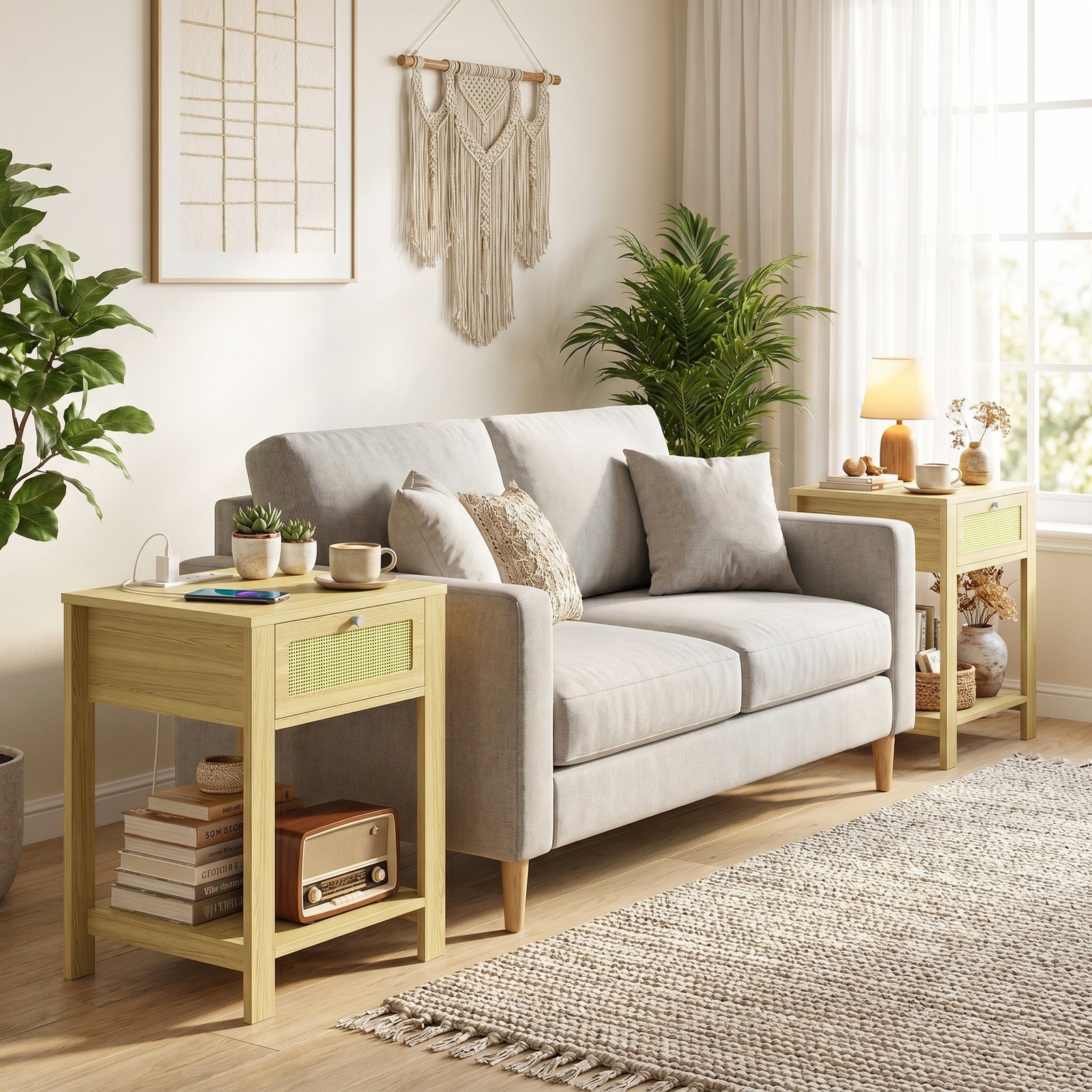 HOMCOM End Table Set of 2 with Charging Station, Bed Side Tables, Natural