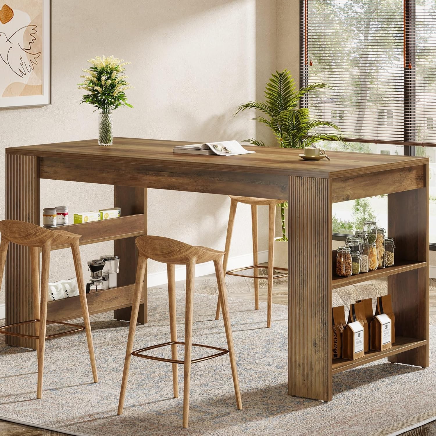 63-Inch Farmhouse Bar Table Rustic Counter Height Pub Table with Storage Shelves