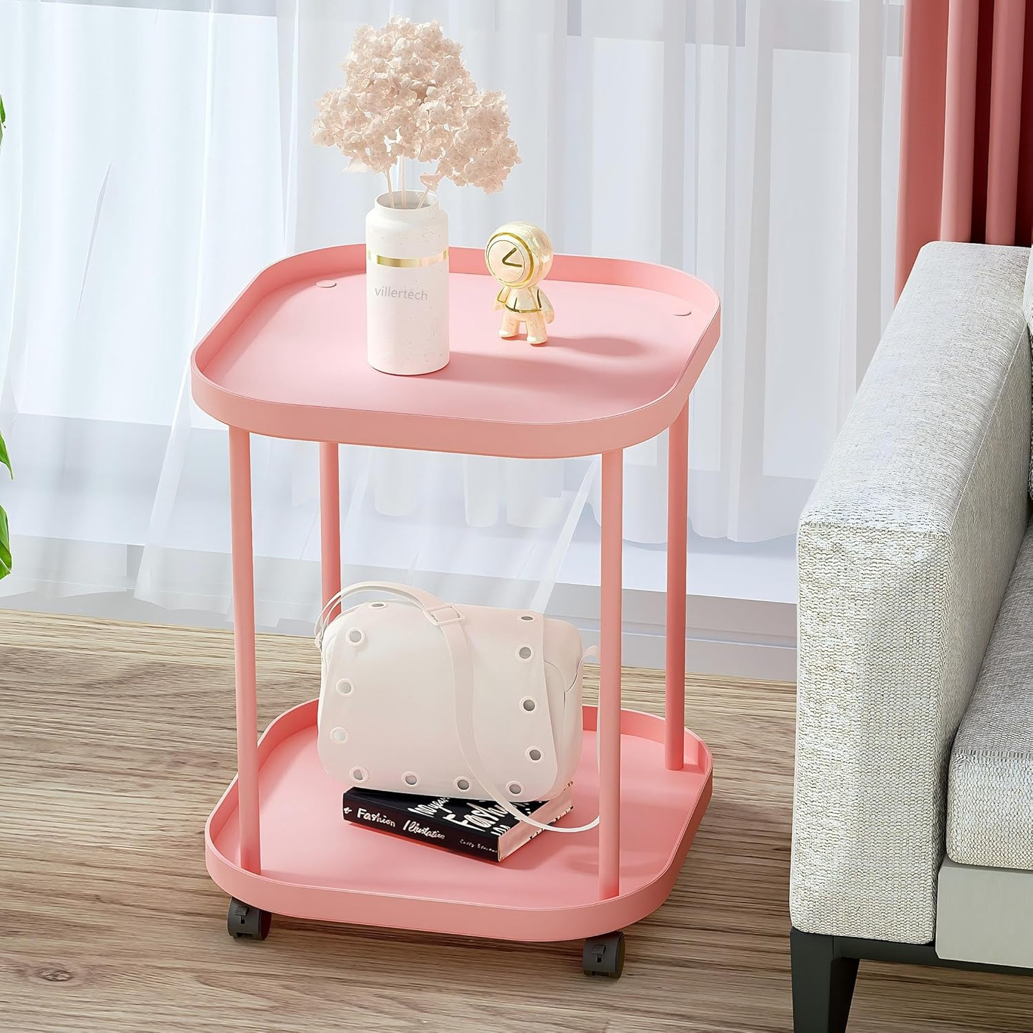 Pink Mobile Side Table with Wheels – 2 Pack for Living Room & Bedroom