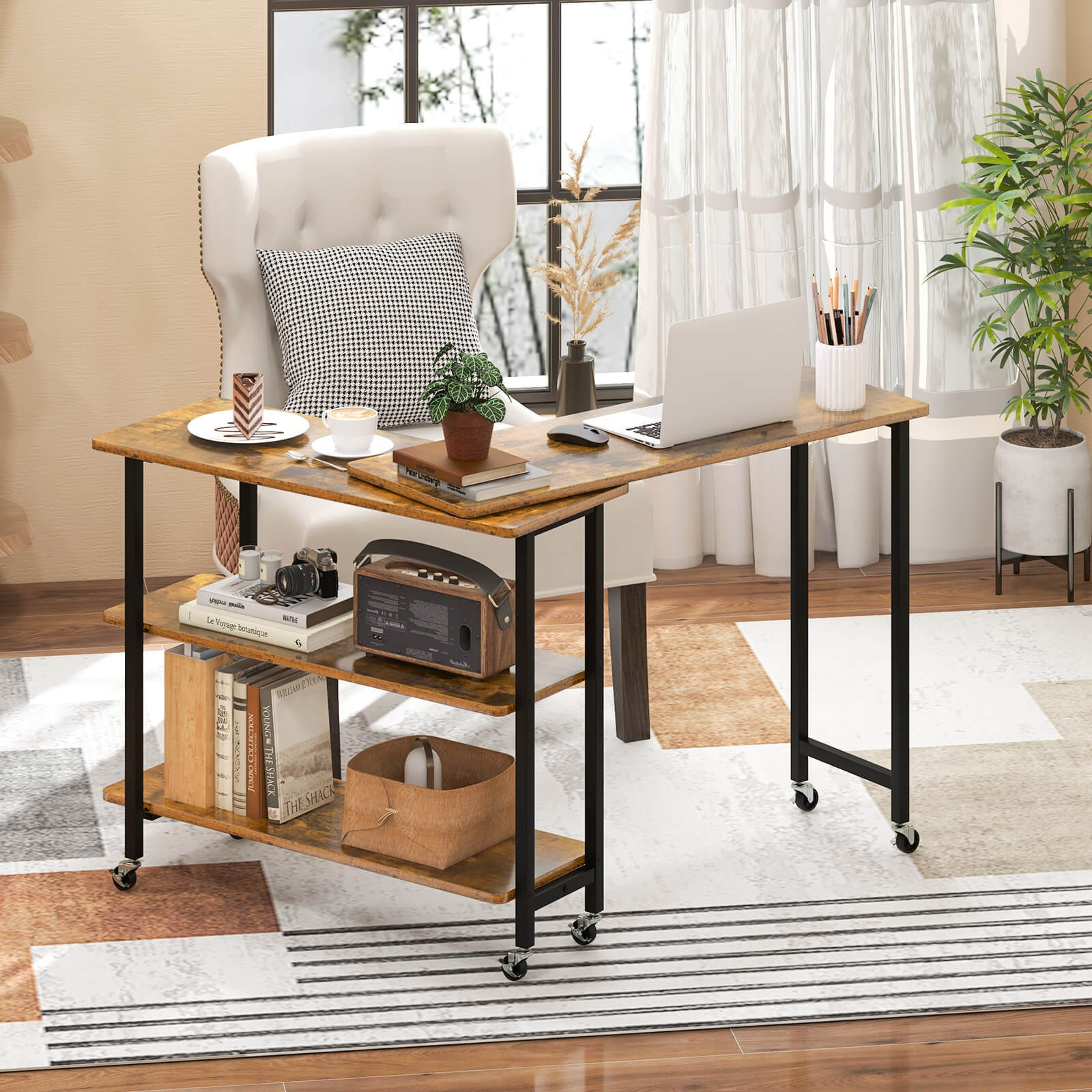 360° Rotatable Sofa Side Table L-shaped Laptop Desk Snack Table w/Shelf Patented