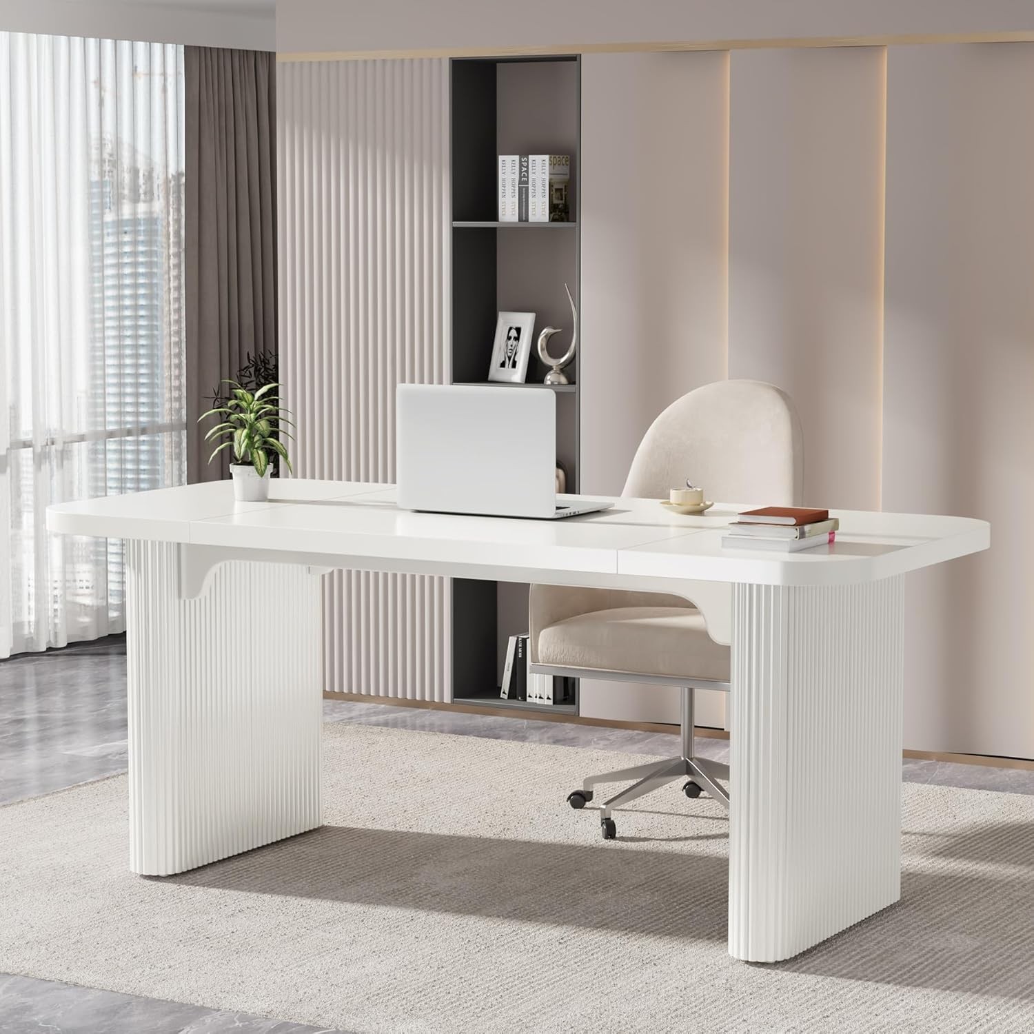 62-Inch Modern Executive Desk, Wood Office Desk, Large Aesthetic Computer Desk