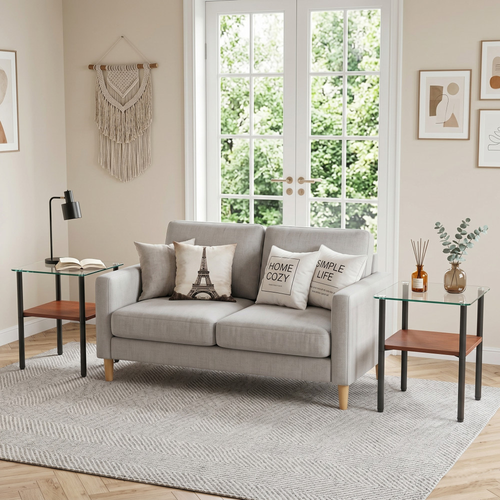 Modern 2-Piece Glass Side Table, Tempered Top with Storage Shelf, Metal Legs