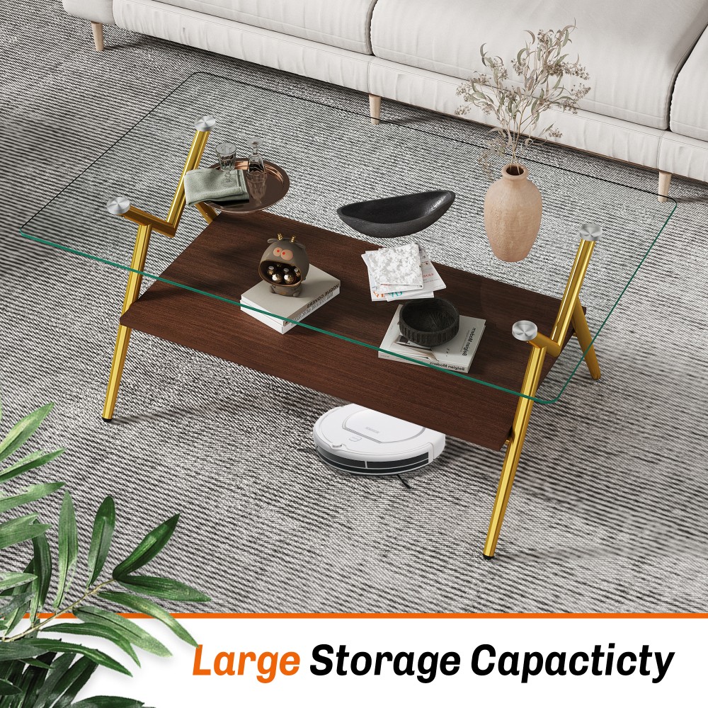Rectangle Coffee Table, Tempered Glass Top, Gold Metal Legs, Modern Clear