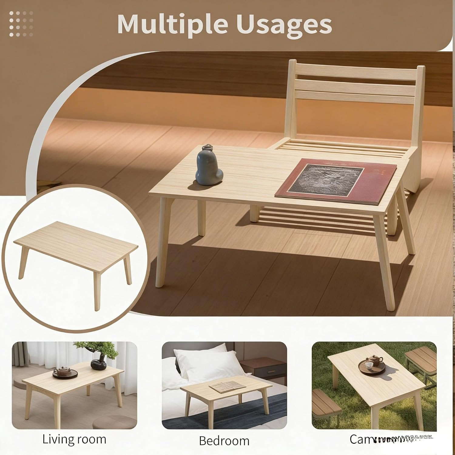 Foldable Bamboo Coffee Table – Portable Low Desk for Living Room & Bedroom