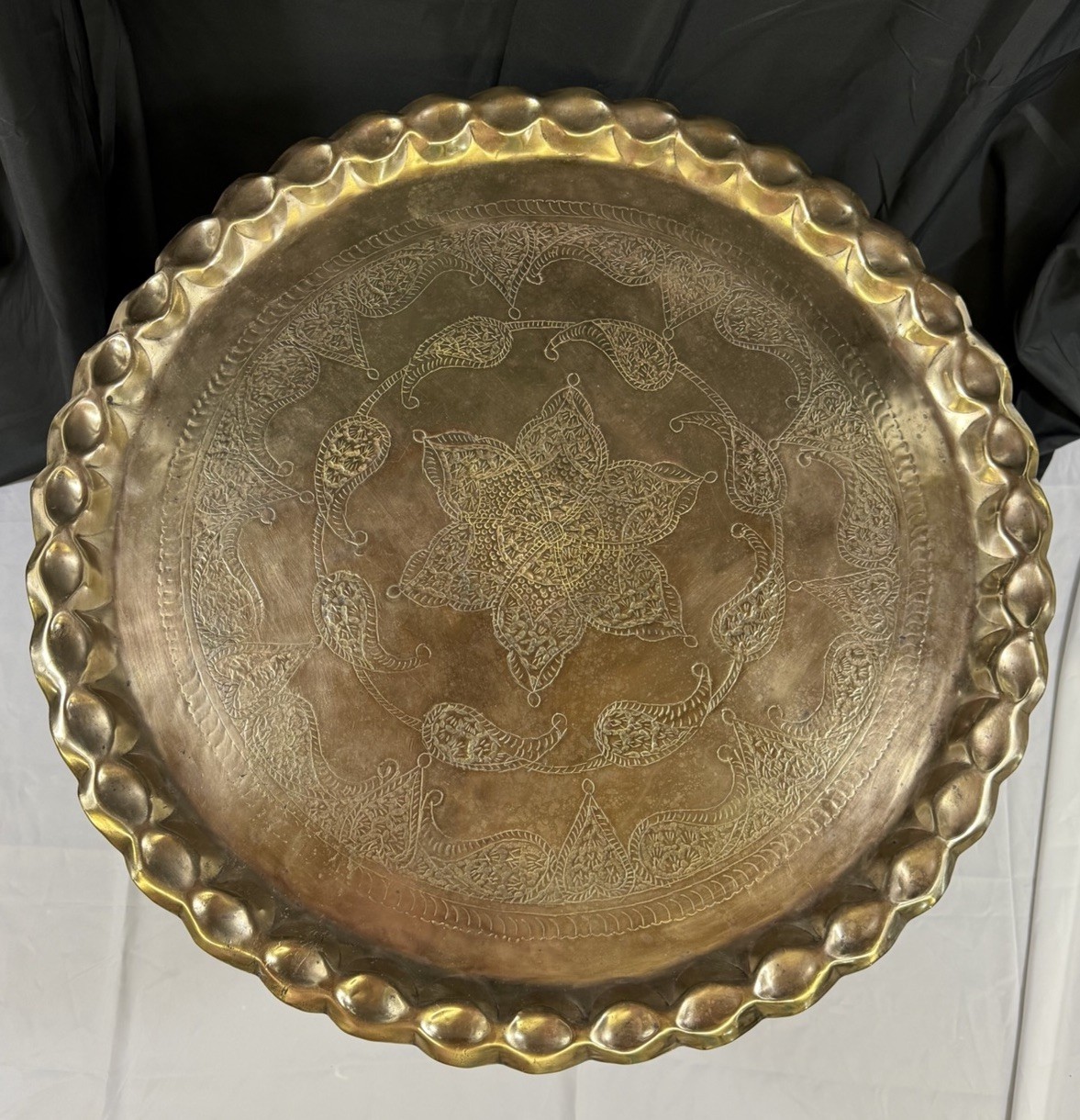 Vintage Brass Boho Moroccan Tray Folding Teak Wood Table Pie Crust MCM