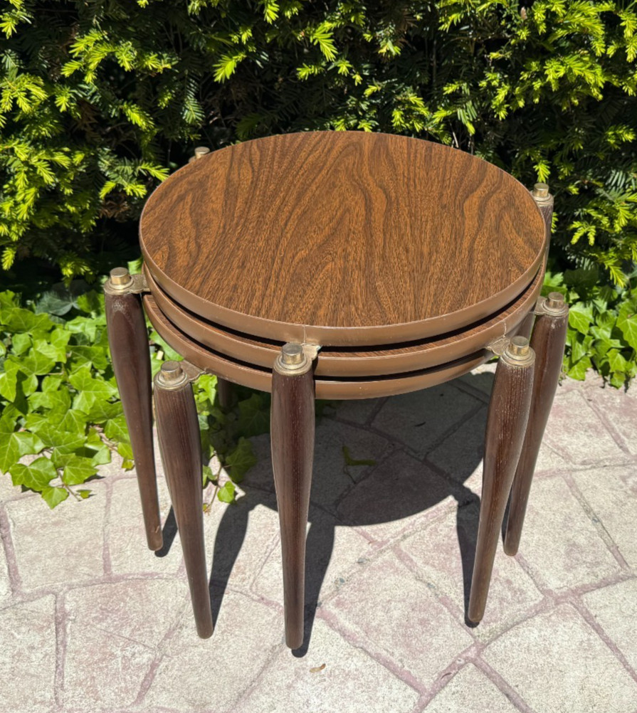 Mid Century Walnut Stacking Round Side Tables – Set of 3 Nesting Tables VTG