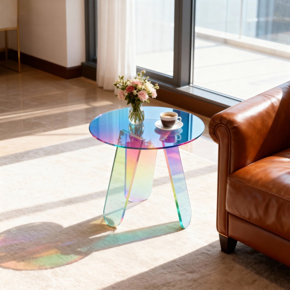 Acrylic End Table with PVC Table Cover Round Iridescent Rainbow Sofa Side Table
