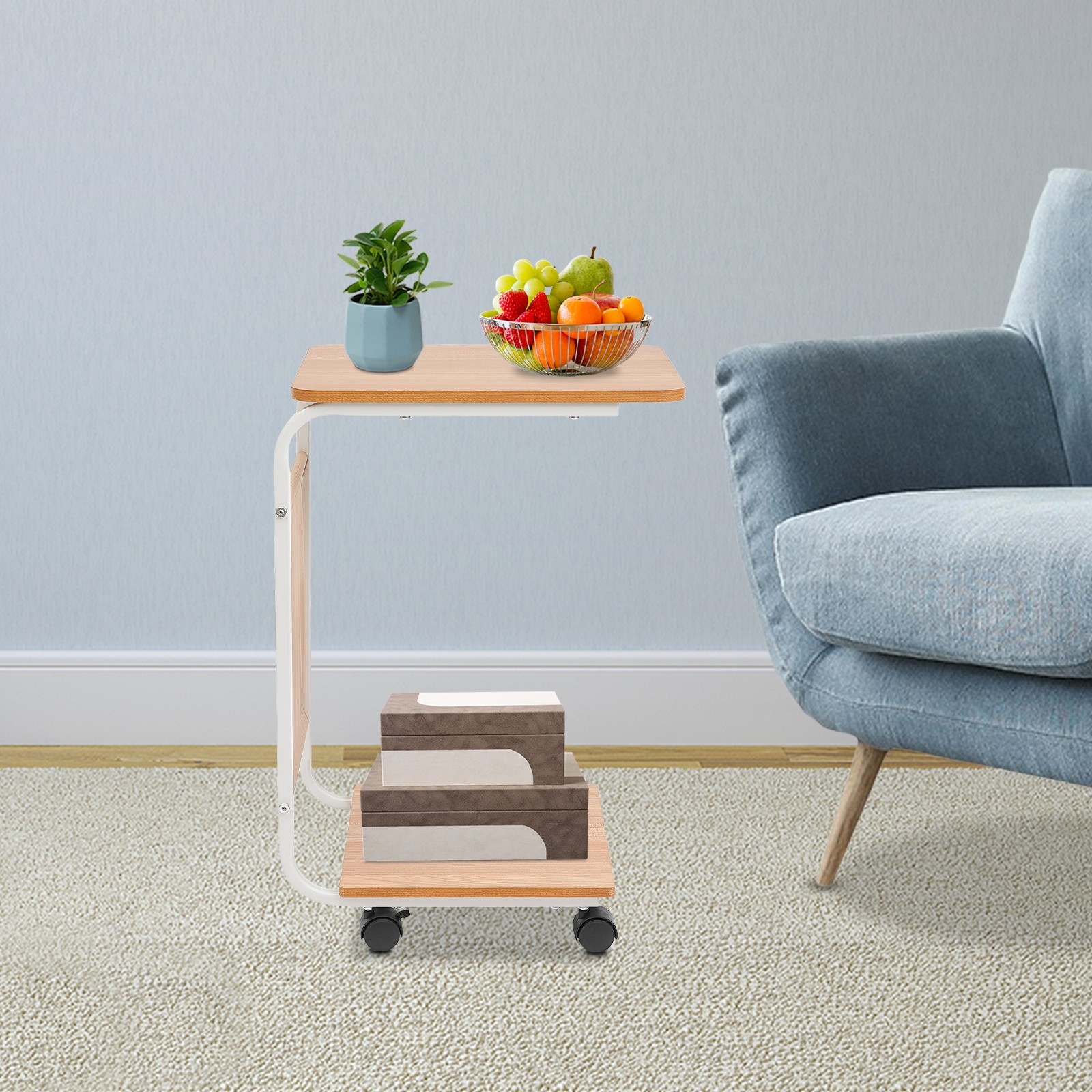 C-Shaped Side Table Sofa Bed Side Table With 4 Wheels Coffee Table Laptop Stand