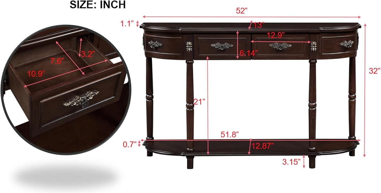 52″ Retro Curved Console Table, Wood Sofa Table with Open Shelf and 2 Drawers