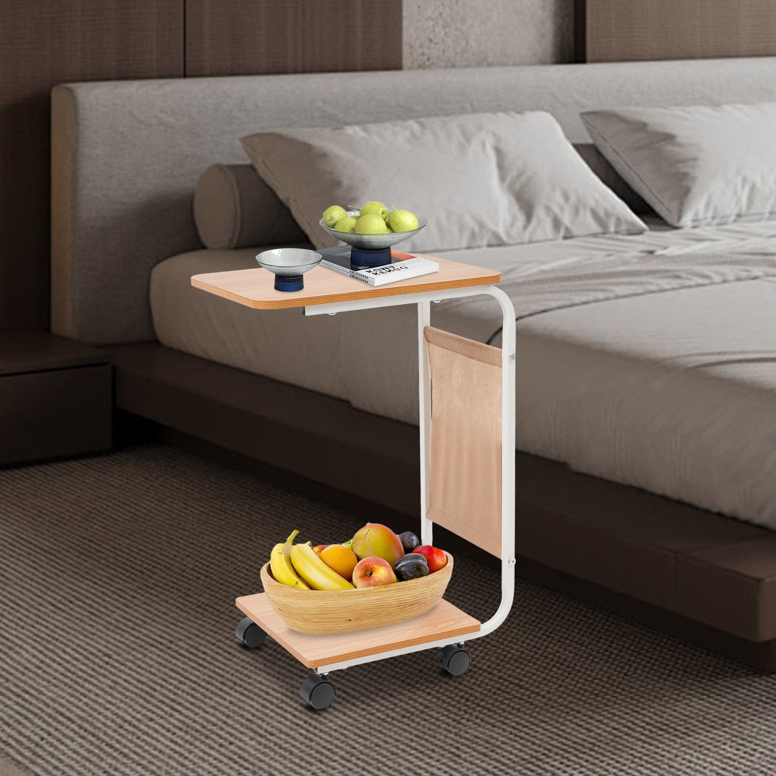 C-Shaped Side Table Sofa Bed Side Table With 4 Wheels Coffee Table Laptop Stand