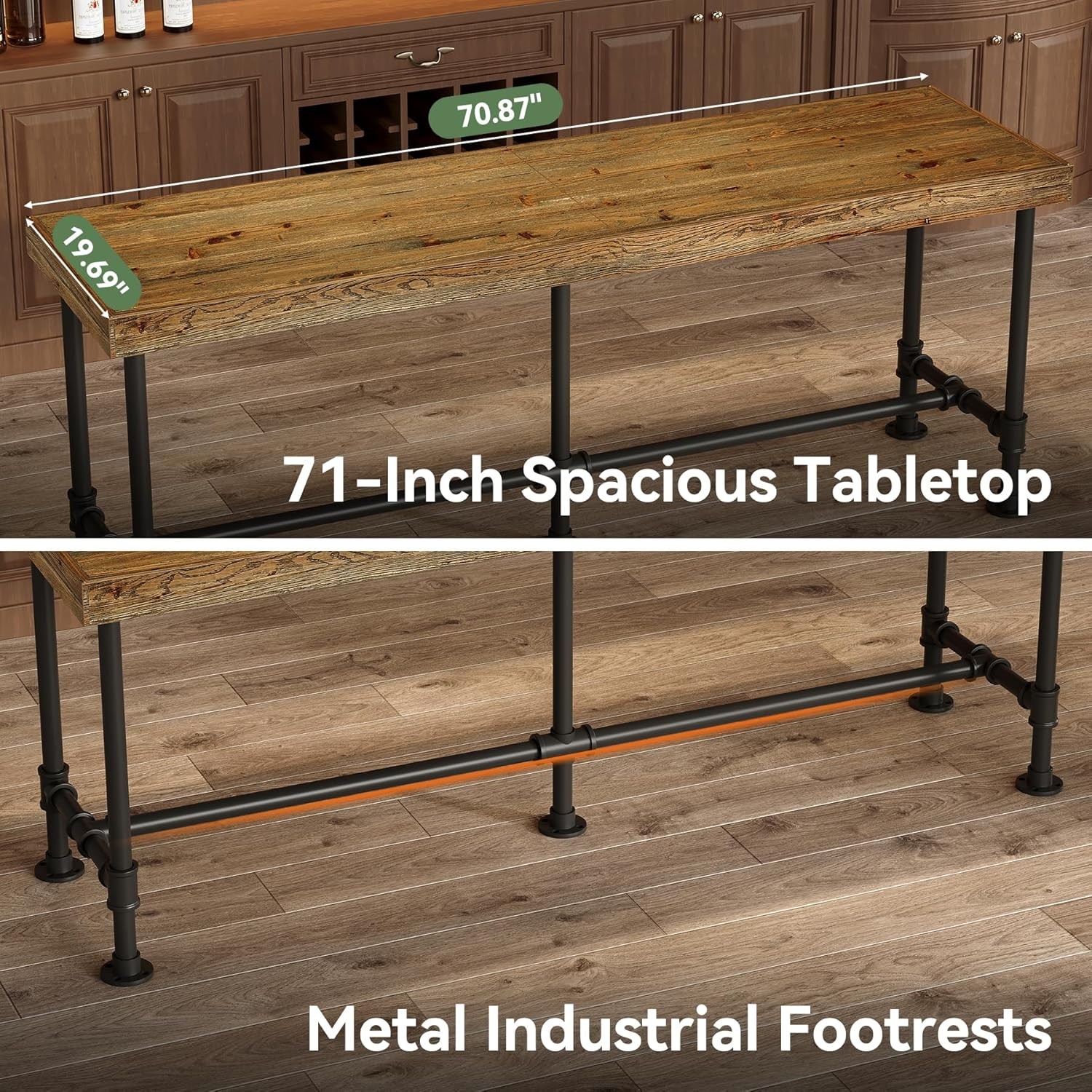 70.9” Solid Wood Bar Table Industrial Narrow High Top Bar Unit for 6-8 People