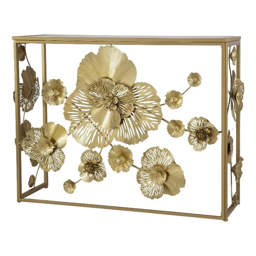 Pemberly Row 39″ Iron Console Table with Mirrored Top and Floral Design in Gold