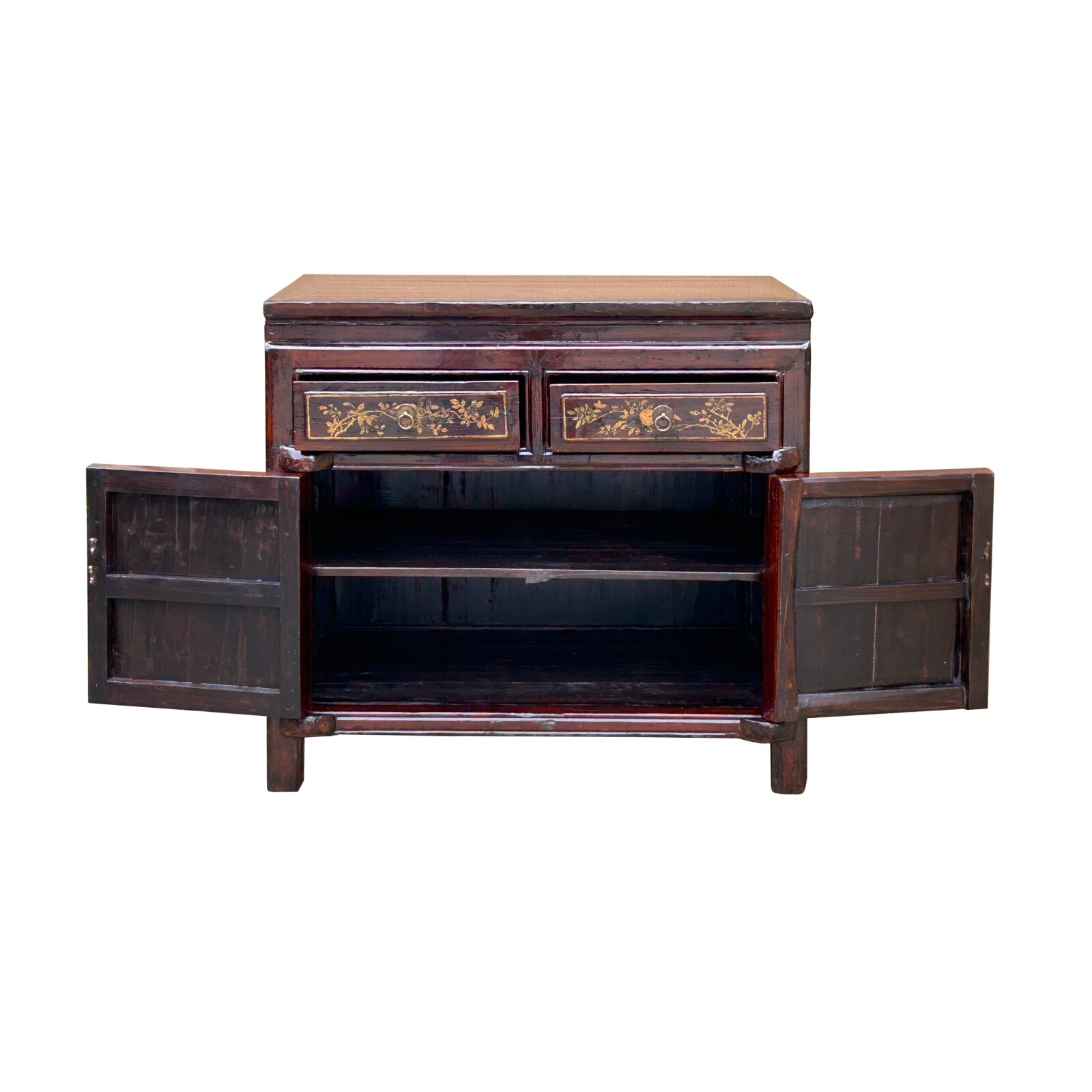 Vintage Chinese Floral Graphic Brown Drawers Table Credenza Cabinet cs7779