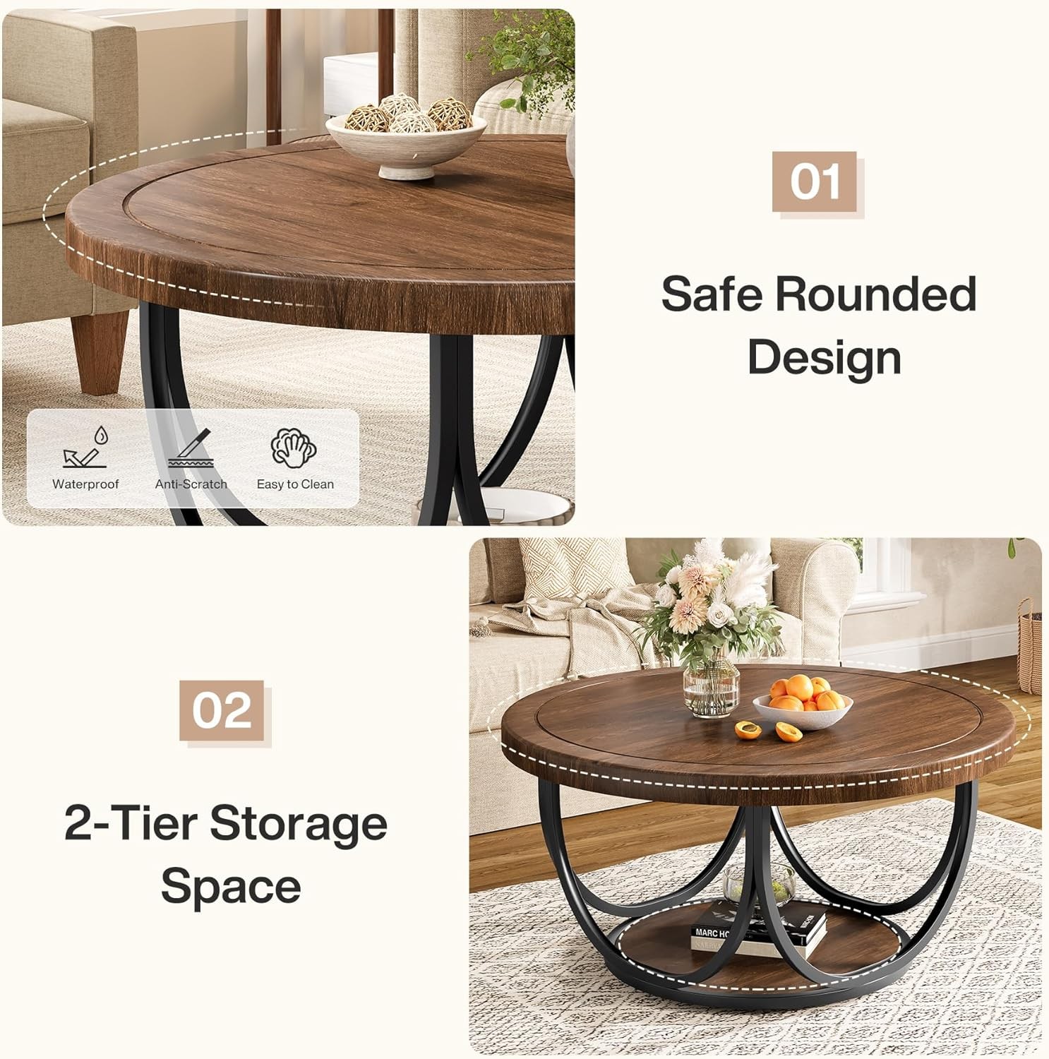 31.5” Round Coffee Table Wooden Circle Accent Cocktail Table with Storage Shelf