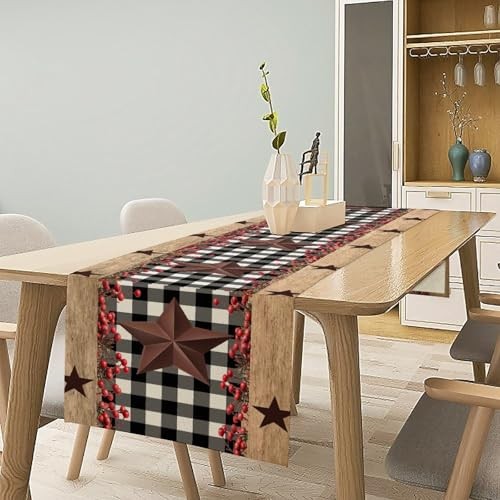 Farmhouse Table Runner,Rustic Western Star Black White W13″x L36″ Cowboy-2