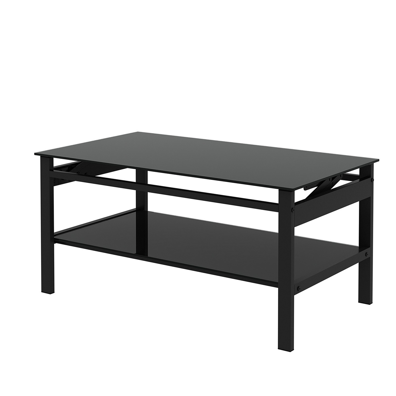 38″ All Black Tempered Glass Lift Top Coffee Table 2-Layer Home Work Centre Desk