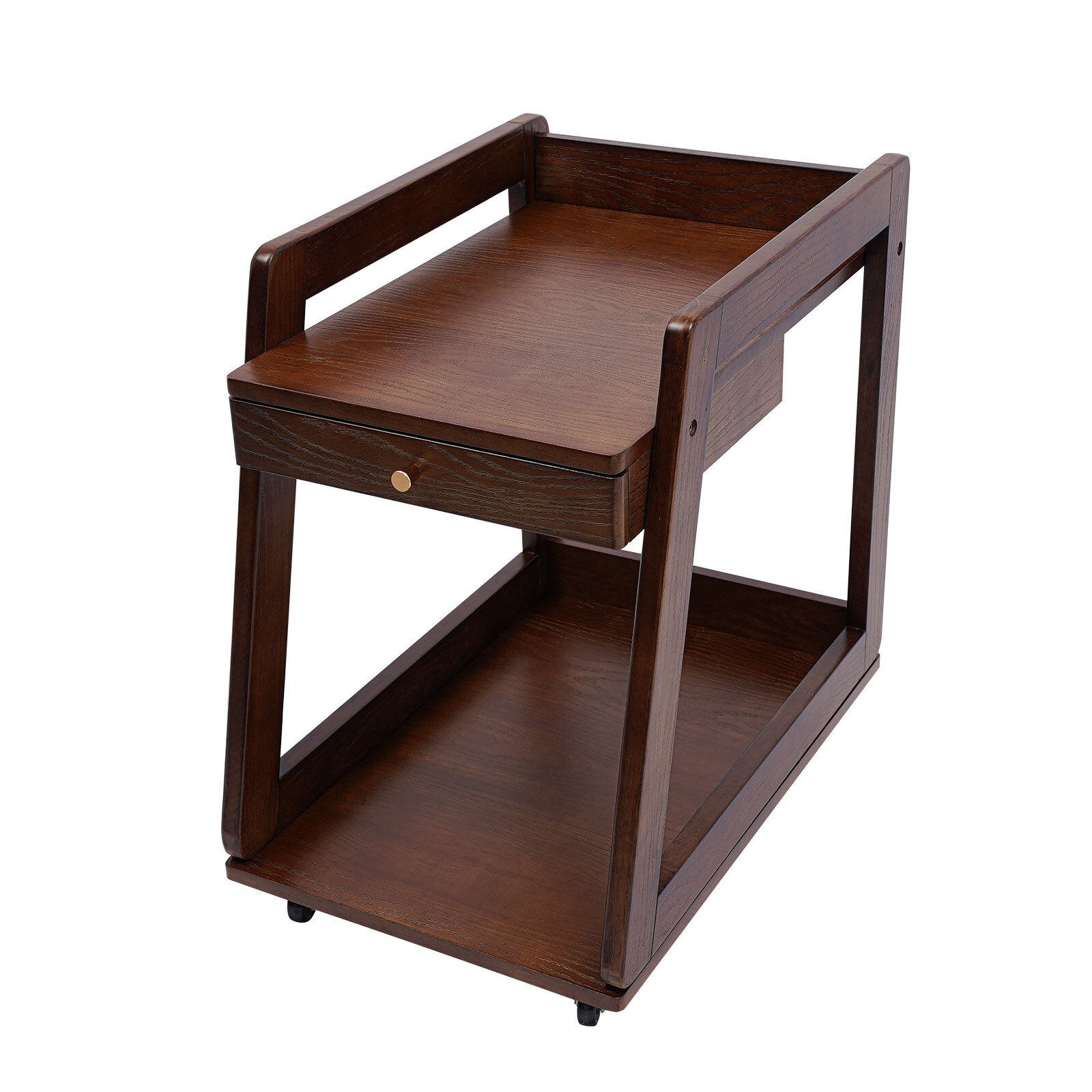 Walnut Retro Wood End Table, 2-tier Side Table, Storage Couch Table with Wheels
