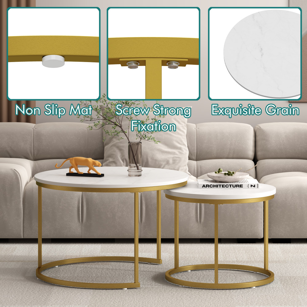 Nesting Coffee Table Set of 2, Round Marble Top with Metal Frame, White