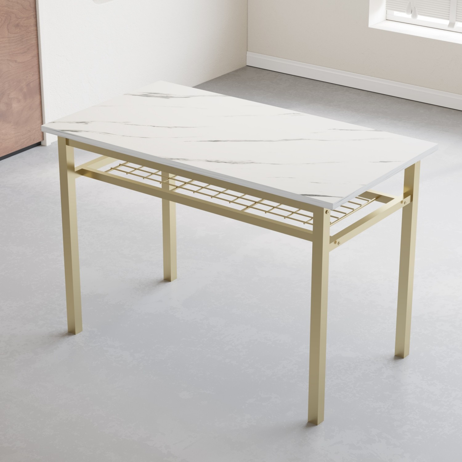 White Marble 2 Tiers Rectangular Dining Table MDF Top Metal Frame Dining Room