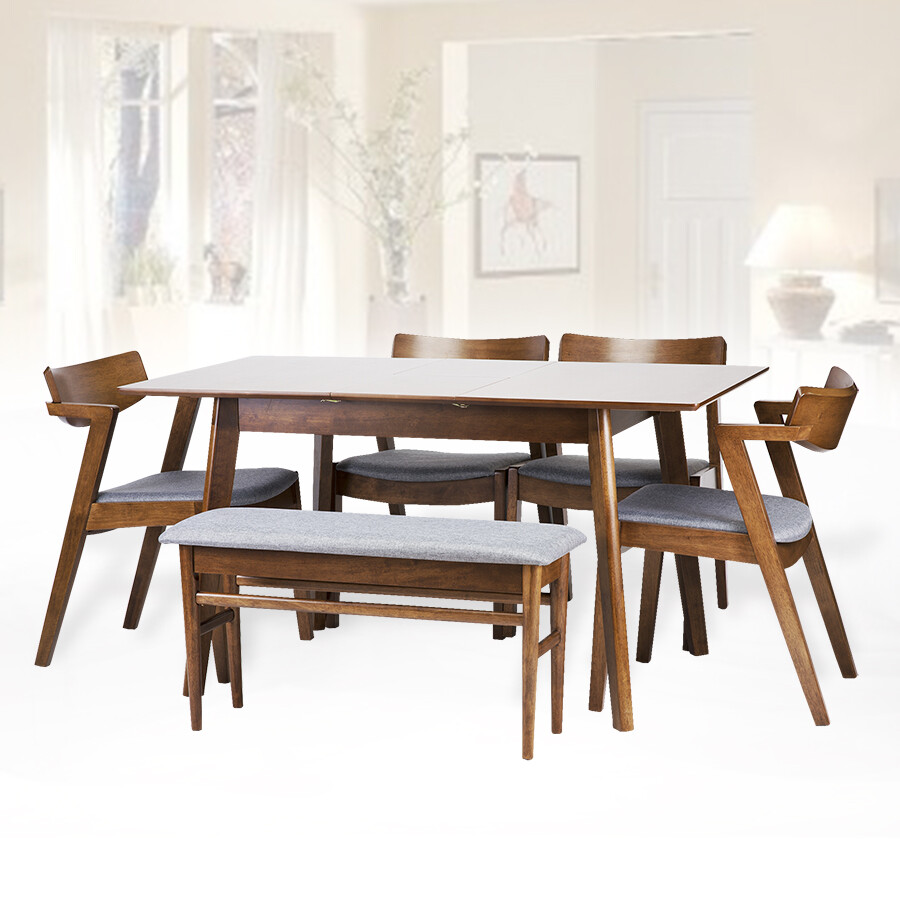 Extendable Rectangular Dining Room Table Modern Solid Wood Medium Brown Color