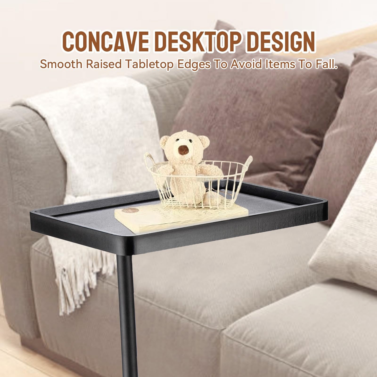 Adjustable C Shaped Side Table Wheels 360 Swivel Couch Sofa Glossy Black