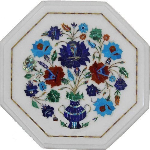 White Marble Coffee Table Top Multicolor Stone Inlay Work End Table for Office