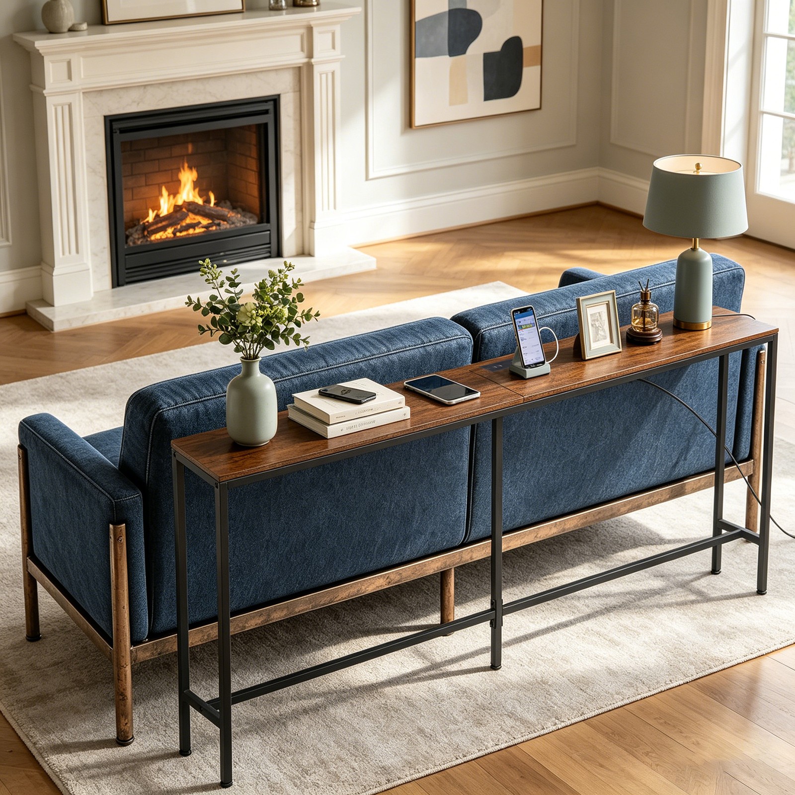 Console Table with Power Outlet Narrow Sofa Table 70.8″ Behind Couch Table Brown