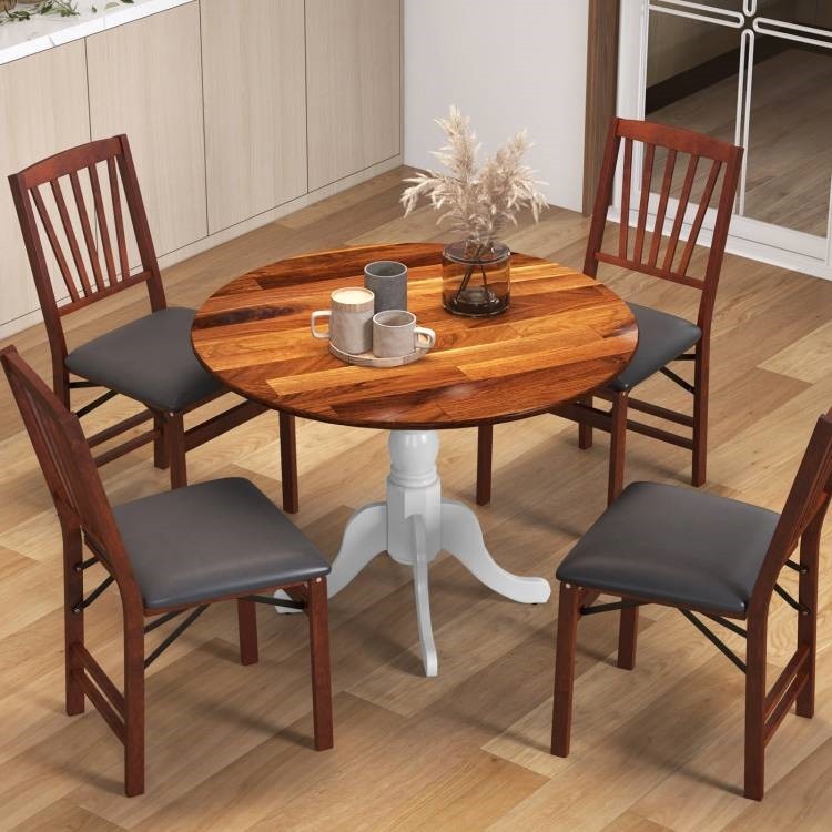 Solid Wood Round Kitchen Dining Table White Legs Brown Top 39in