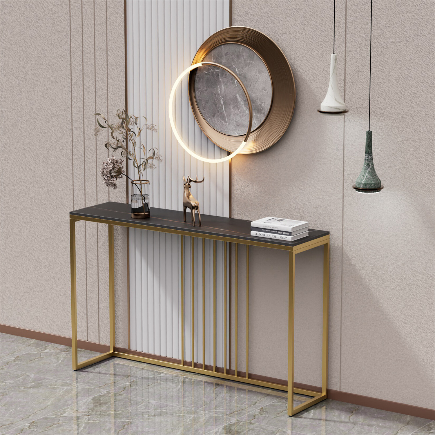 Natural Marble Long Console Table Behind Couch Full Frame Entryway Table 2-color