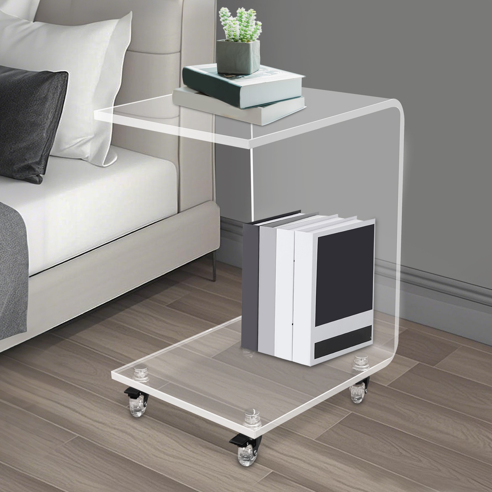 Clear Acrylic C-Shaped Side Table 13.8 × 13.8 × 22 In With 4 Wheels