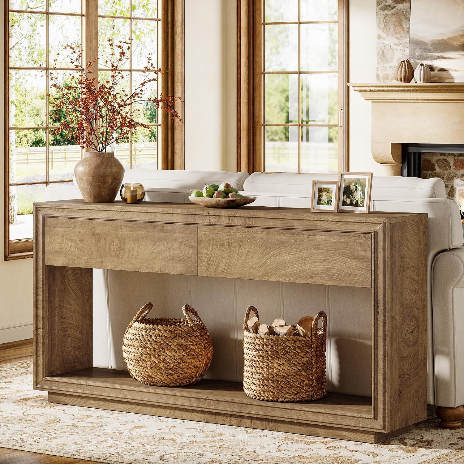 63″ Farmhouse Wooden Console Table with 2 Drawers & Storage Shelf for Entryway