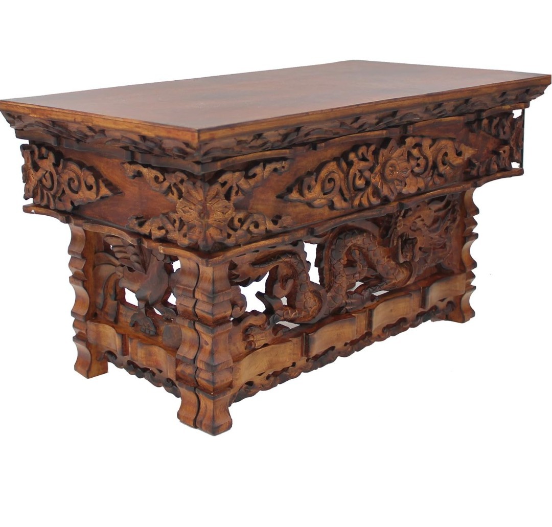 Solid Indian Elm Wood Hand Carved Shrine Altar Meditation Table small Dark