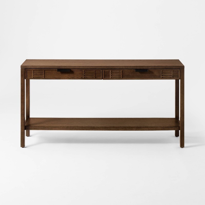 Dosinia 60″ Rectangular Console Table Brown 2 Drawers Lower Shelf Rubberwood