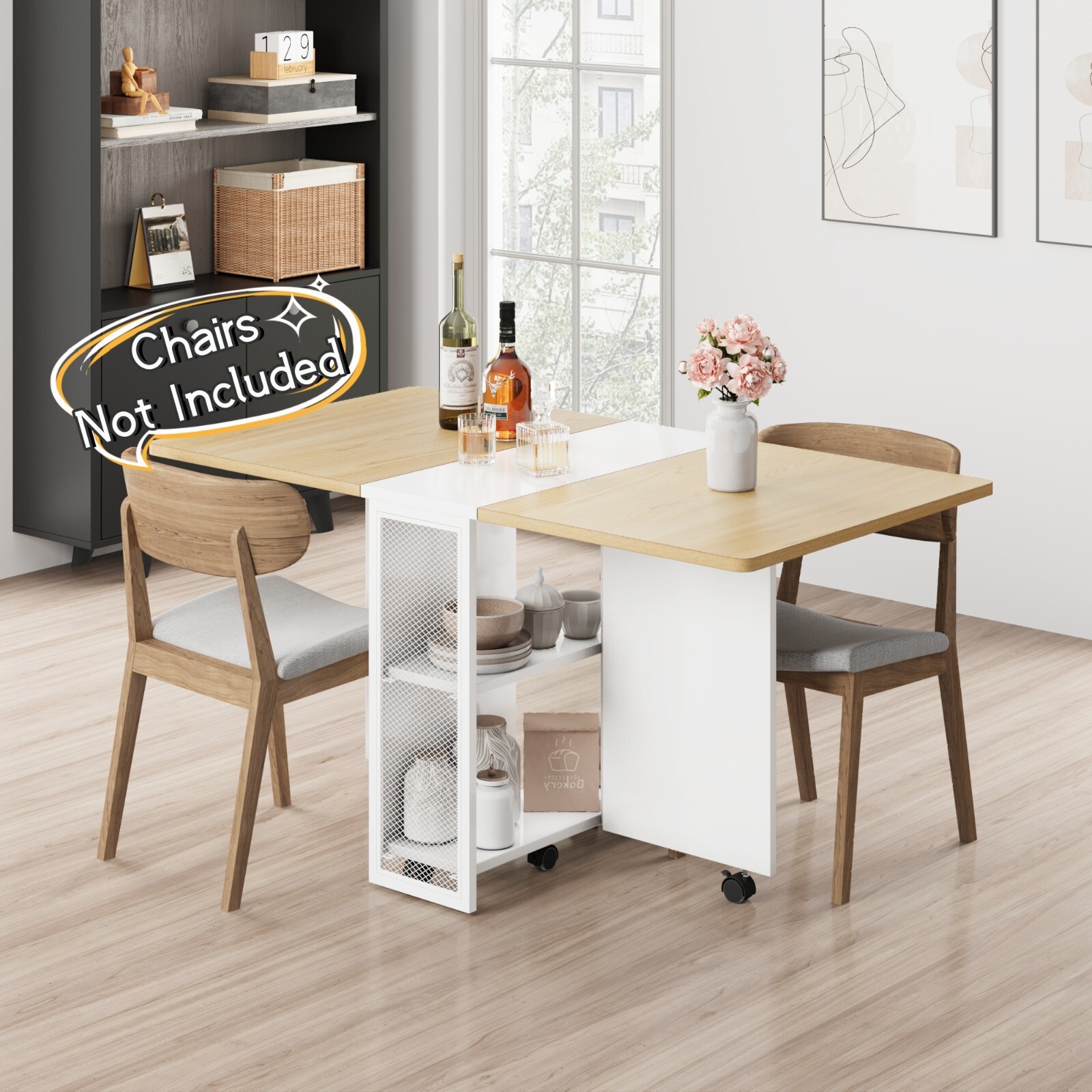 Folding Dining Table with 6 Wheels Storage Racks for Small Kitchen Saving Space