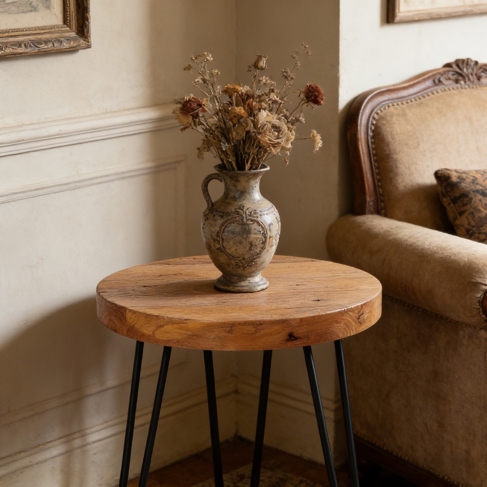GREENAGE Rustic Old Elm Wood Round End Table Nightstand Sofa Side Table 20.5″ H